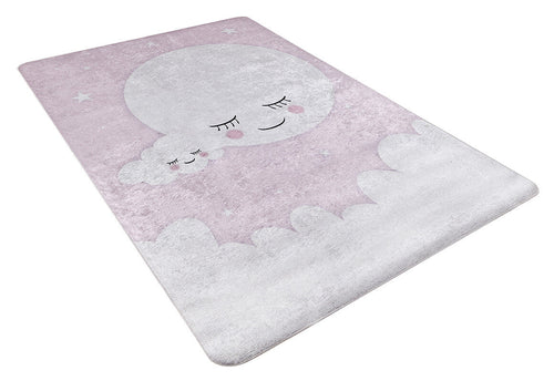 Load image 1 in gallery view. The Cosmic Naptime - Machine-Washable Rug JRC032 (Custom Size) features a pastel pink and white background with cute large and small sleeping moons on clouds, surrounded by stars. This washable rug adds charm to any space.