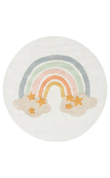 The Cozy Puzzle - Washable Shaggy - CBN07 is a round white kids’ rug with a pastel rainbow, orange stars, and beige clouds. Its muted yellow, pink, green, and blue tones make it perfect for brightening any playroom.