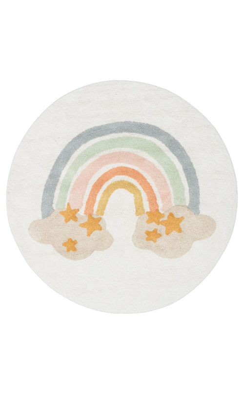 Load image 1 in gallery view. The Cozy Puzzle - Washable Shaggy - CBN07 is a round white kids’ rug with a pastel rainbow, orange stars, and beige clouds. Its muted yellow, pink, green, and blue tones make it perfect for brightening any playroom.