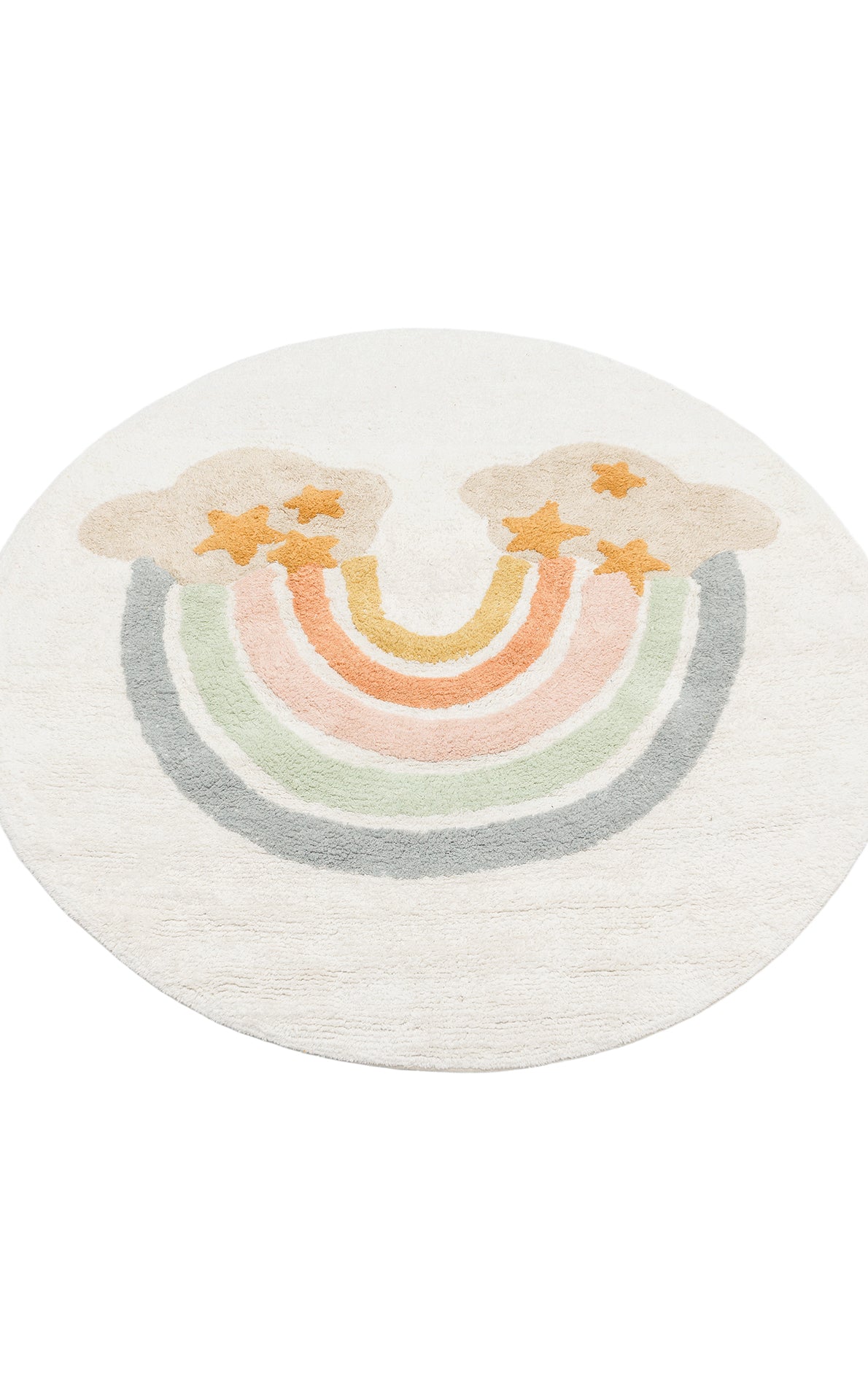 The Cozy Puzzle - Washable Shaggy - CBN07 is a round white kids’ rug with pastel rainbow arcs in orange, pink, green, and gray, finished with fluffy clouds and playful orange stars on each side.