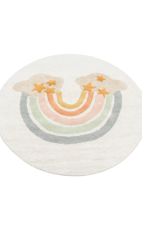 Load image 1 in gallery view. The Cozy Puzzle - Washable Shaggy - CBN07 is a round white kids’ rug with pastel rainbow arcs in orange, pink, green, and gray, finished with fluffy clouds and playful orange stars on each side.