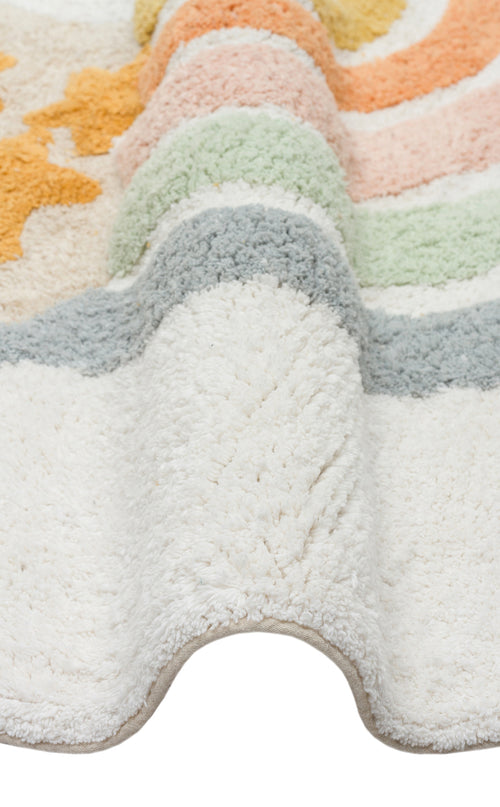 Load image 1 in gallery view. A close-up of the Cozy Puzzle - Washable Shaggy - CBN07 rug, featuring soft waves and pastel stripes in orange, green, yellow, and blue on white—ideal as a washable shaggy rug for any kids’ room.