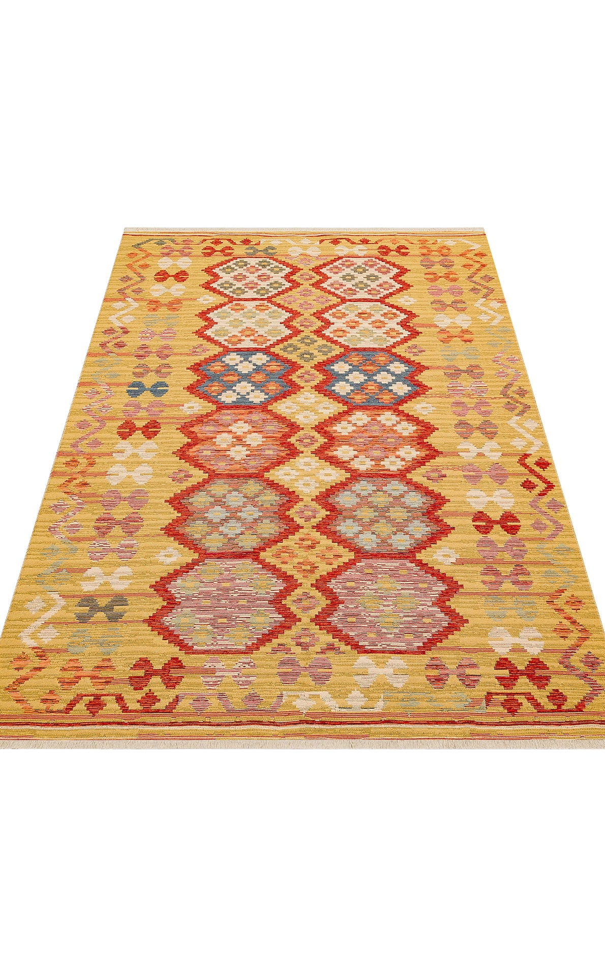 The Crimson Dot - Kilim - NMD03 is a polyester flat weave rug with a yellow background, featuring rows of red, blue, pink, and green geometric diamond patterns in an ethnic kilim style and a textured appearance.