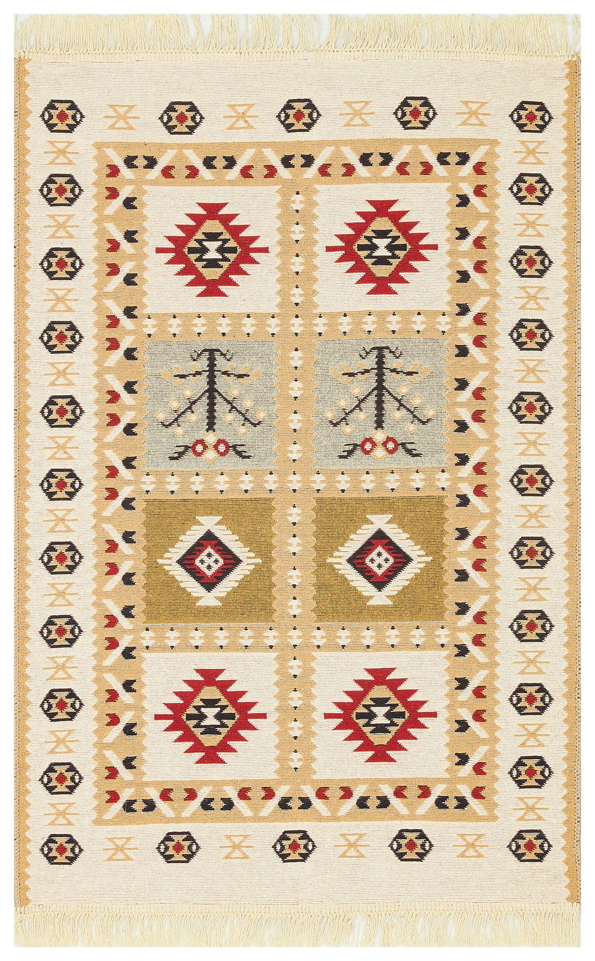 The Crimson Form - Washable Reversible Kilims - AR28 is a rectangular tribal geometric rug with a cream background, showcasing red, black, gold, and gray patterns of diamonds, zigzags, stylized trees, and a border of geometric motifs.