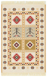 The Crimson Form - Washable Double-Sided Kilims - AR28 is a rectangular bohemian rug with geometric diamond patterns in red, gold, black, and beige, featuring stylized motifs and a decorative border with repeating small shapes.