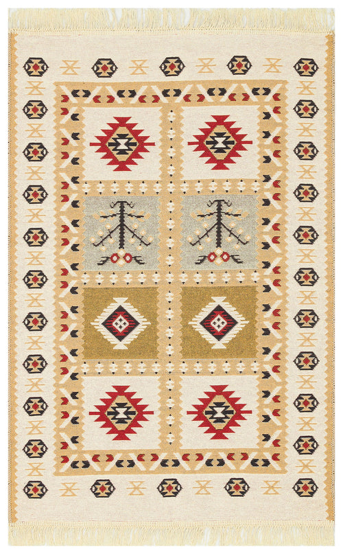 Load image 1 in gallery view. The Crimson Form - Washable Reversible Kilims - AR28 is a rectangular tribal geometric rug with a cream background, showcasing red, black, gold, and gray patterns of diamonds, zigzags, stylized trees, and a border of geometric motifs.