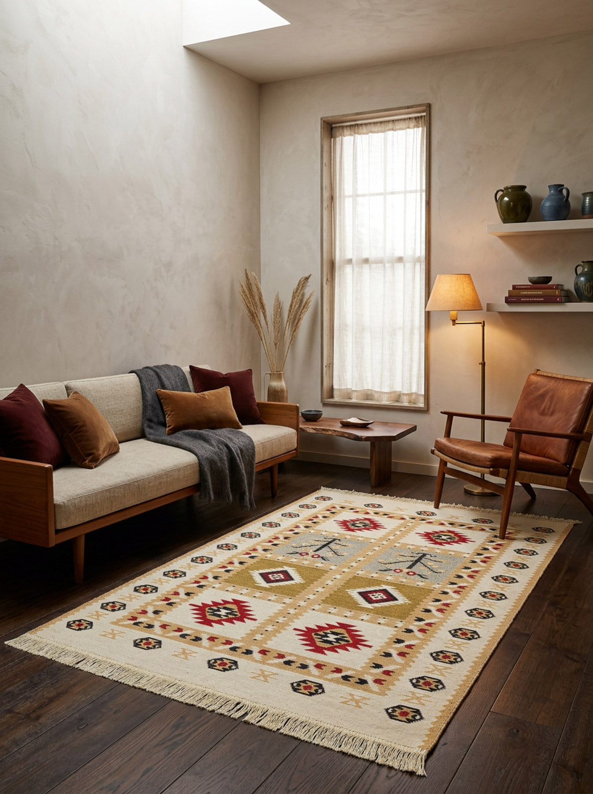 A cozy living room featuring the Crimson Form - Washable Reversible Kilims - AR28 rug, a beige sofa with red and brown pillows, wooden armchair, side table with lamp, potted plants, and shelves with ceramics under natural light.