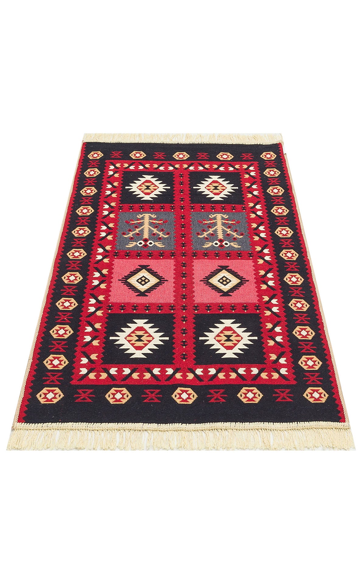 The Crimson Form - Washable Reversible Kilims - AR28 features red, black, white, and yellow diamond and star patterns in a rectangular tribal geometric design. Fringed edges on the short sides. Shown on a white background.