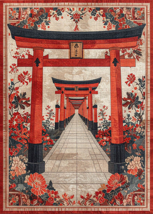 Load image 1 in gallery view. Crimson Gate - Washable Rug - JRS020 features a symmetrical, traditional Japanese-inspired design with rows of red torii gates, vibrant red and orange flowers, and green leaves—ideal for modern spaces.