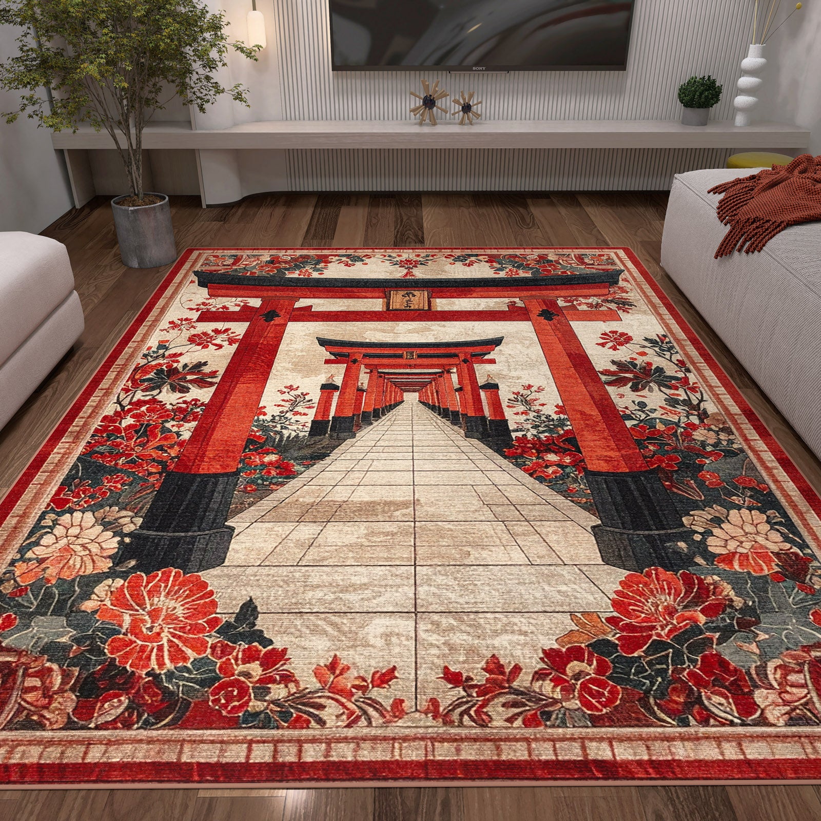 The Crimson Gate - Washable Rug (JRS020) features a pathway through red torii gates framed by vibrant flowers, perfect for enhancing modern living rooms with sofas, a TV, and plants.