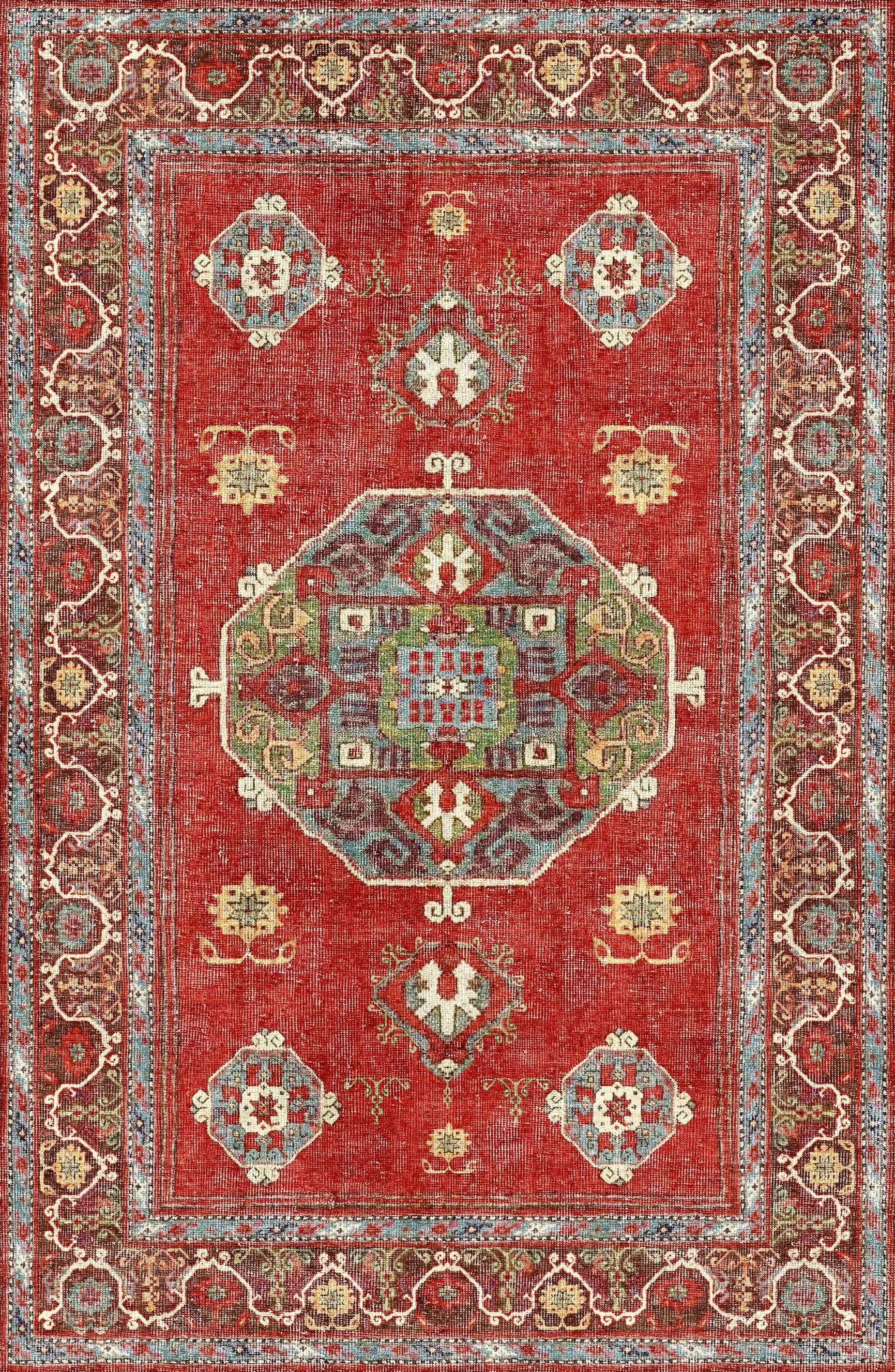 Crimson Palace - Washable Rug - JRN1041 (Custom Size) features a traditional red base with blue and green medallions, geometric motifs, and intricate blue, cream, and brown borders for timeless style in any space.