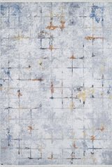 The Cross Country - Washable Rug - JR1753 (Custom Size) features a light gray background with intersecting lines and scattered patches in yellow, orange, blue, and gray—an artistic, modern rug ideal for high-traffic areas.