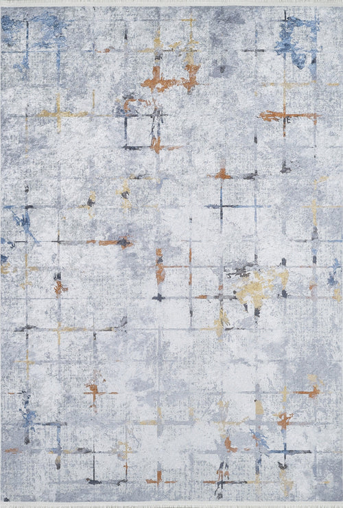 Load image 1 in gallery view. The Cross Country - Washable Rug - JR1753 (Custom Size) features a light gray background with intersecting lines and scattered patches in yellow, orange, blue, and gray—an artistic, modern rug ideal for high-traffic areas.