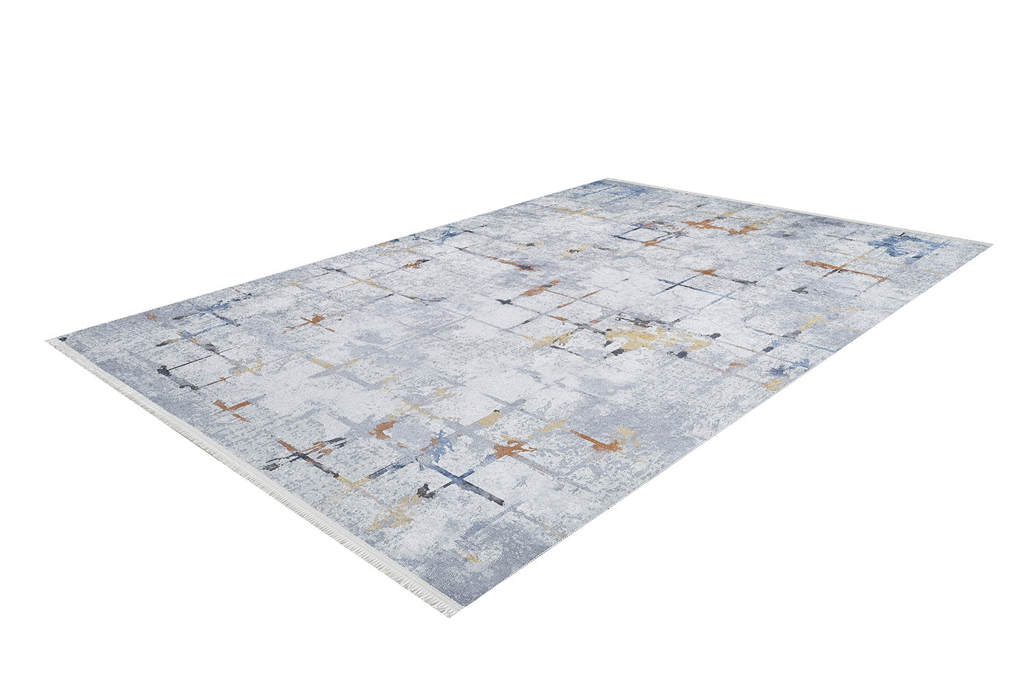 The Cross Country - Washable Rug - JR1753 (Custom Size) features a modern abstract pattern in gray, blue, beige, brown, and yellow. Shown at an angle on a white background, this durable blue rug suits high-traffic areas.