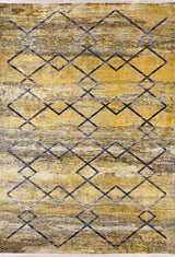 The Crossed Connections - Washable Rug - JR1181 (Custom Size) features a yellow-gold and brown textured surface with an irregular black geometric diamond pattern—perfect for high-traffic areas.