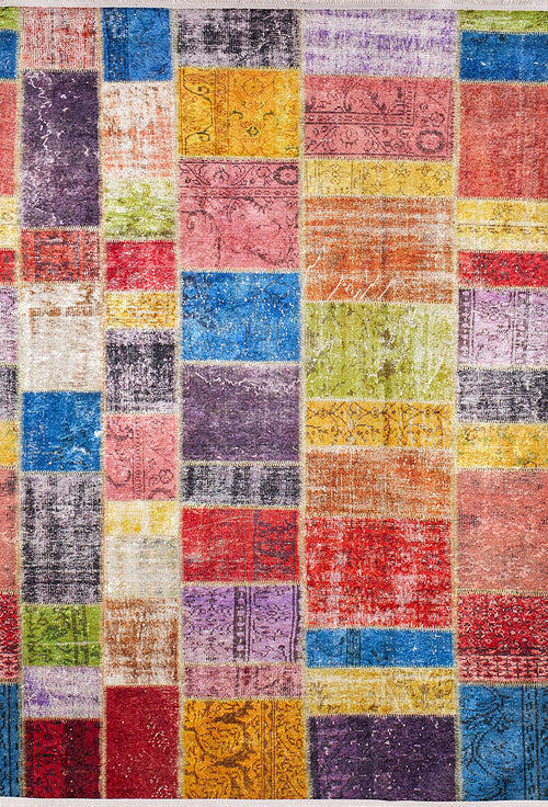 Load image 1 in gallery view. The Crosshatch Craze - Washable Rug - JR210 features a vibrant grid of rectangular and square fabric pieces in bright patterns with visible stitching—ideal for high-traffic areas and available in custom sizes.