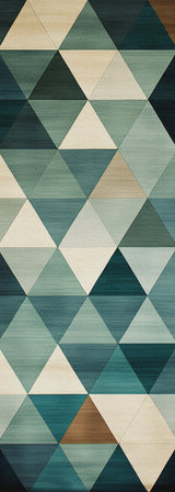 The Cubism Collage Blue Washable Rug - MDJ008 features a geometric, modern design with rows of diamonds and triangles in blue, teal, cream, and beige—ideal for high-traffic spaces and easy to clean.