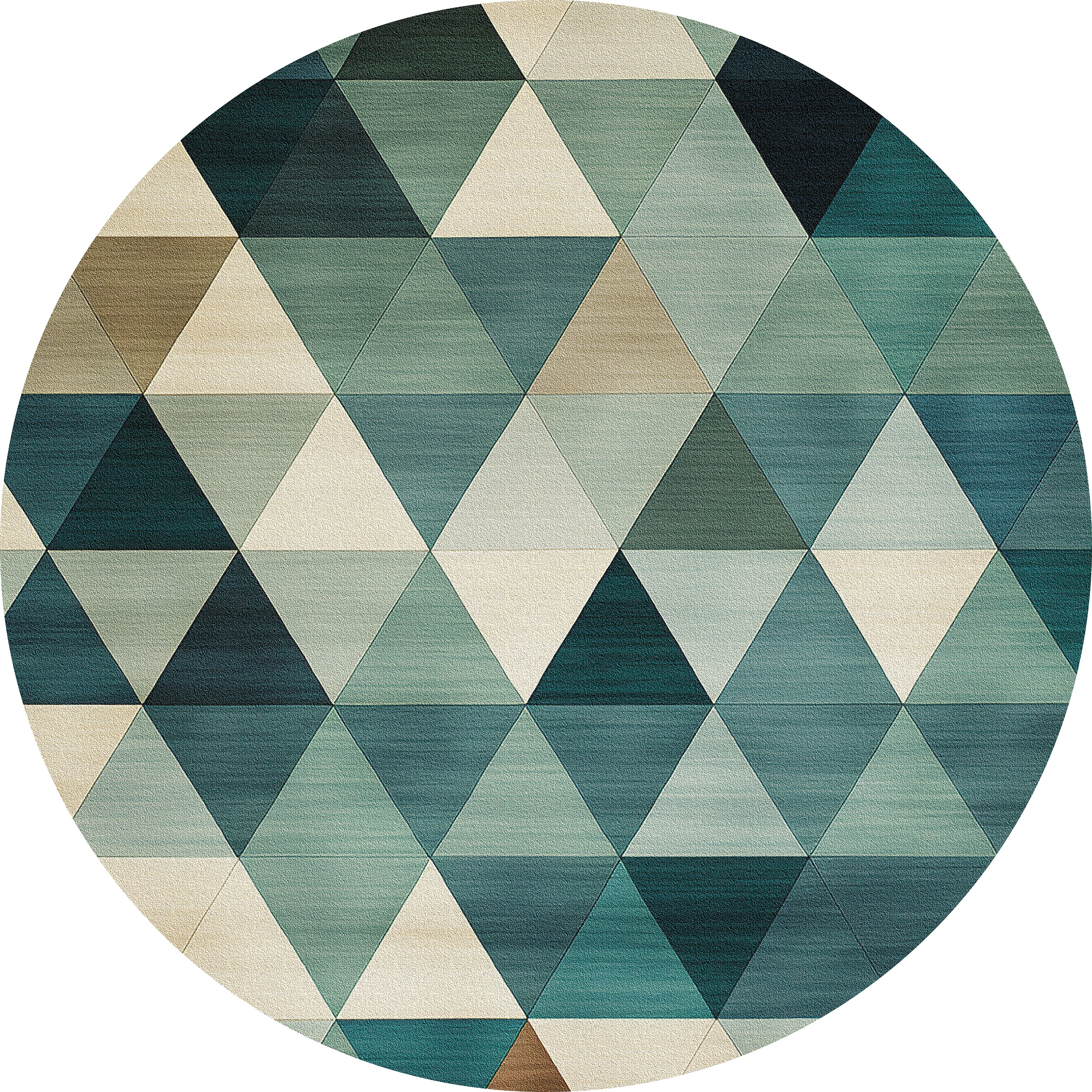 The Cubism Collage Blue Washable Rug - MDJ008 is a round, modern rug featuring a geometric triangle pattern in blue, green, beige, and tan—ideal for high-traffic spaces.
