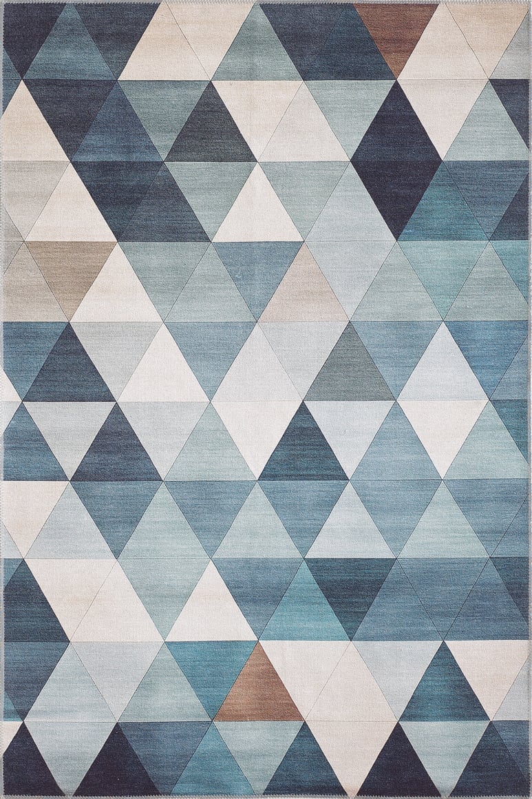 The Cubism Collage Blue Washable Rug - MDJ008 (Custom Size) features a modern diamond grid of blue, gray, beige, and white triangles—ideal for high-traffic spaces and easy maintenance with its washable design.
