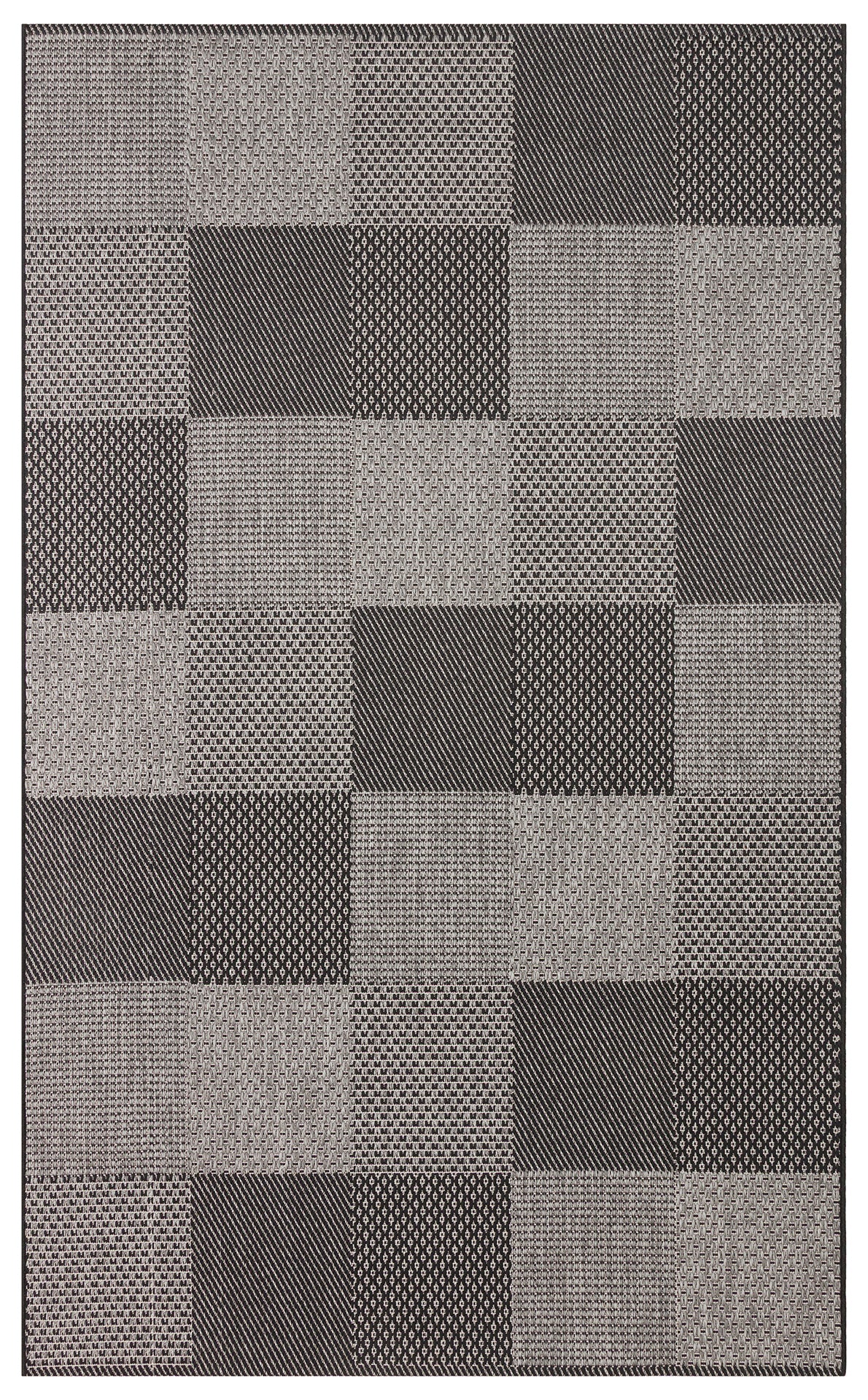 The Deep Slate - Kilim - MNO01 features black, white, and gray textured squares in geometric designs—stripes, dots, and grids—making it a modern grey area rug perfect as a centerpiece.