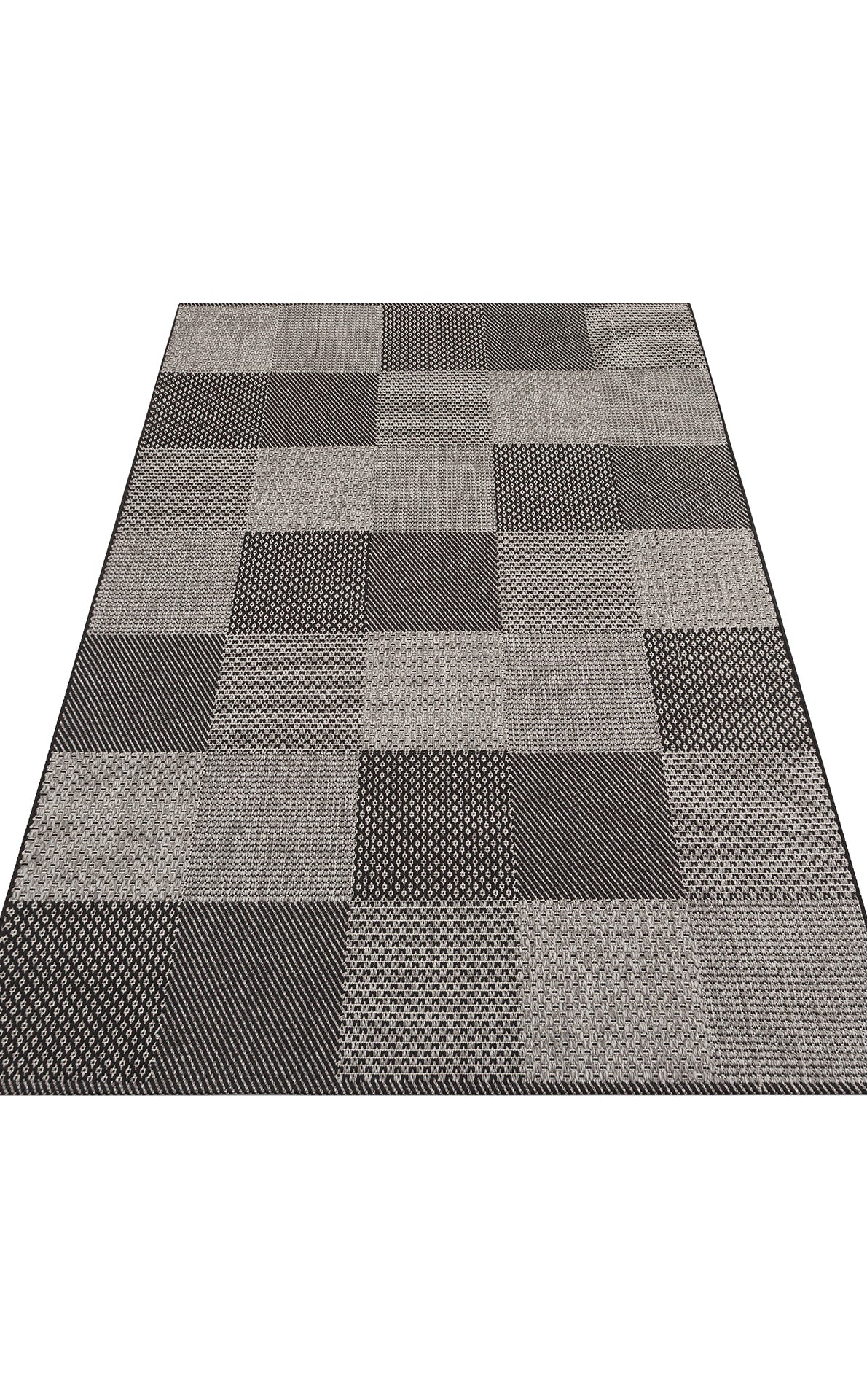 The Deep Slate - Kilim - MNO01 is a rectangular grey polyester flat weave rug featuring a patchwork of black, gray, and beige squares with striped, dotted, and checked geometric patterns in a chic grid design.
