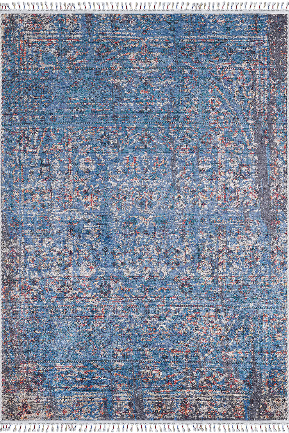 The Desert Diamond - Washable Rug - JR5071 (Custom Size) is a blue rug with an intricate, faded traditional pattern in blue, cream, and red tones, plus fringed edges—perfect for high-traffic areas.