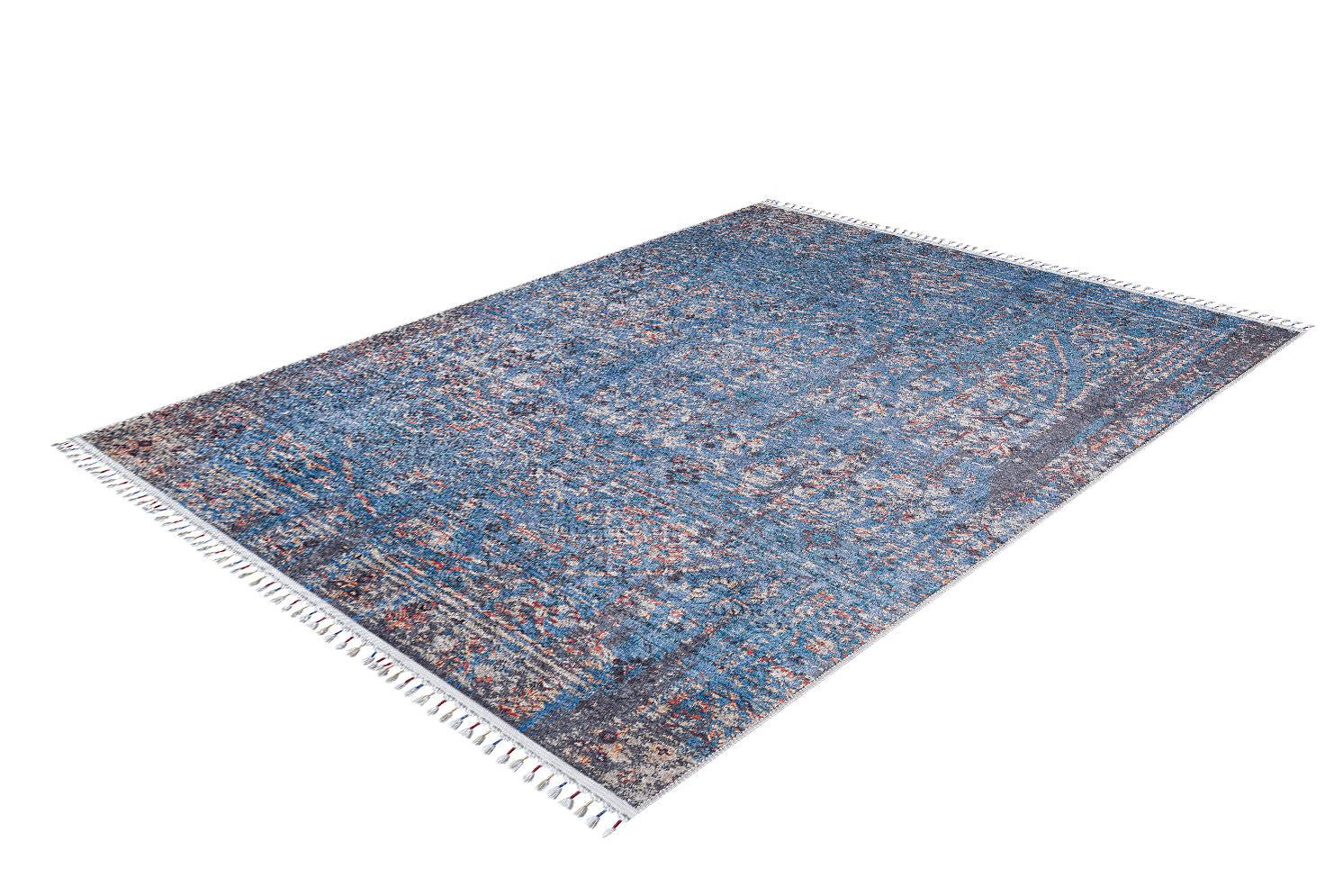 The Desert Diamond - Washable Rug - JR5071 (Custom Size) is a rectangular blue rug with red, beige, and gray patterns plus white fringe, perfect for high-traffic areas. Shown on a white background.