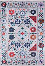 The Desert Drift - Washable Rug - JR1523 (Custom Size) showcases a light gray backdrop with vibrant floral and geometric patterns around a central medallion, making it ideal for high-traffic areas and simple to clean.