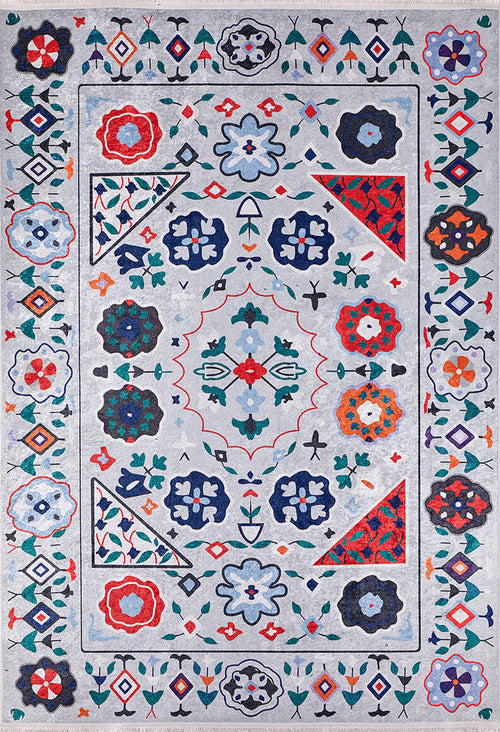 Load image 1 in gallery view. The Desert Drift - Washable Rug - JR1523 (Custom Size) showcases a light gray backdrop with vibrant floral and geometric patterns around a central medallion, making it ideal for high-traffic areas and simple to clean.