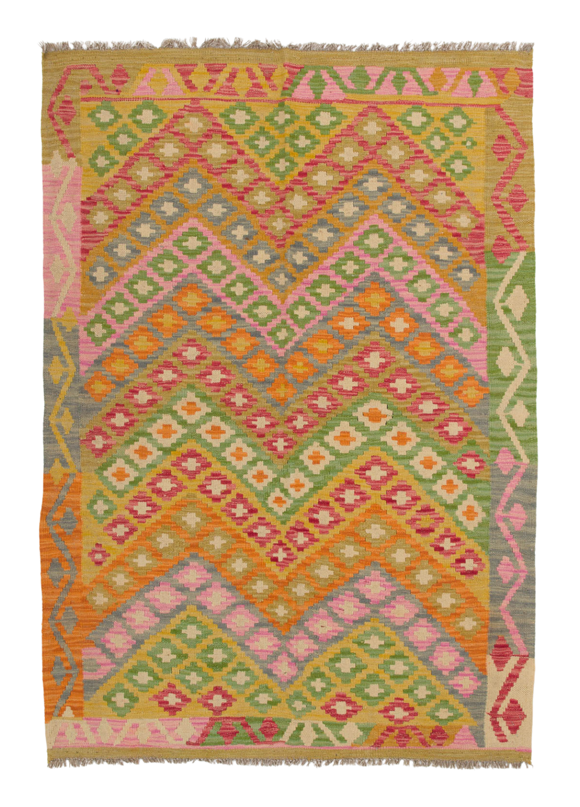 Desert Mirage - Handwoven Kilim is a vibrant flatweave rug with zigzag and diamond patterns in pink, orange, green, yellow, and gray. Colorful geometric designs and fringed edges make this rug striking and eye-catching.