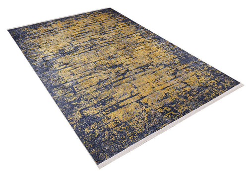 Load image 1 in gallery view. The Diagonal Dash - Washable Rug - JR1310 (Custom Size) features an abstract gold and dark blue design with a textured, weathered look, short white fringe on the ends, and is ideal for high-traffic areas.