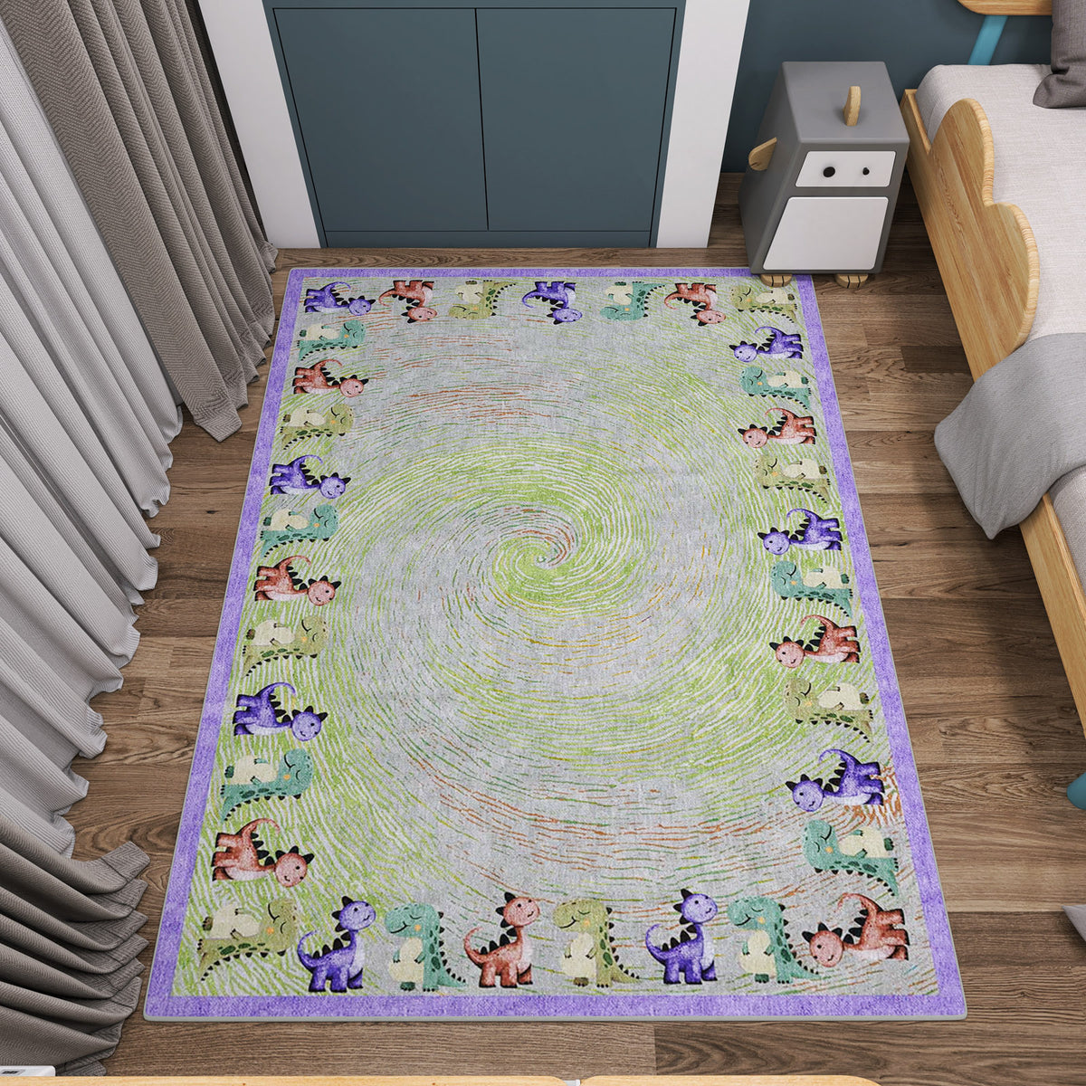 Dino Swirl Kids Green Washable Rug | JUSTRUG