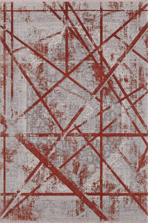 Load image 1 in gallery view. The Dominant Lineage Modern Rug - Coral - HRD003 features irregular red lines over a distressed gray and white background, creating a bold geometric look ideal for industrial chic spaces.