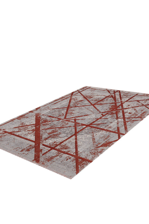 Load image 1 in gallery view. The Dominant Lineage Modern Rug - Coral - HRD003 is a rectangular, machine-made rug with a gray background and abstract red geometric lines, shown on a white background.