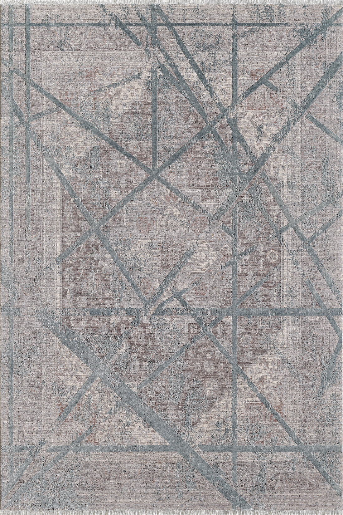 The Dominant Lineage Modern Rug - Grey - HRD006 is a rectangular rug featuring an ornate vintage-style beige and gray pattern with bold, intersecting blue-gray lines for a modern abstract geometric look.