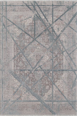 The Dominant Lineage Modern Rug - Grey - HRD006 is a rectangular rug featuring an ornate vintage-style beige and gray pattern with bold, intersecting blue-gray lines for a modern abstract geometric look.