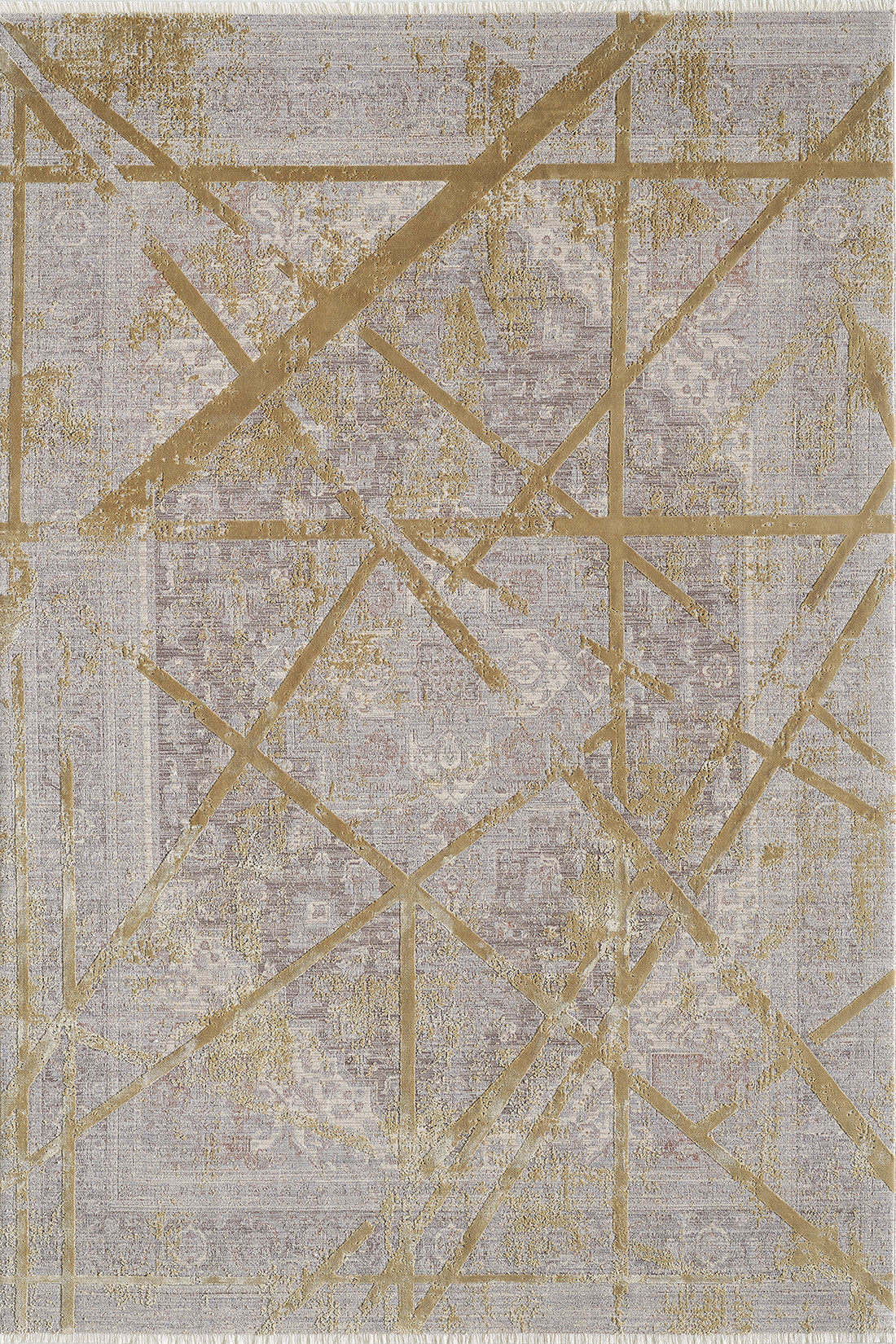 The Dominant Lineage Modern Rug - Harvest - M633N is a rectangular rug with a faded, intricate pattern in soft gray and beige, accented by bold gold lines crossing diagonally and vertically.
