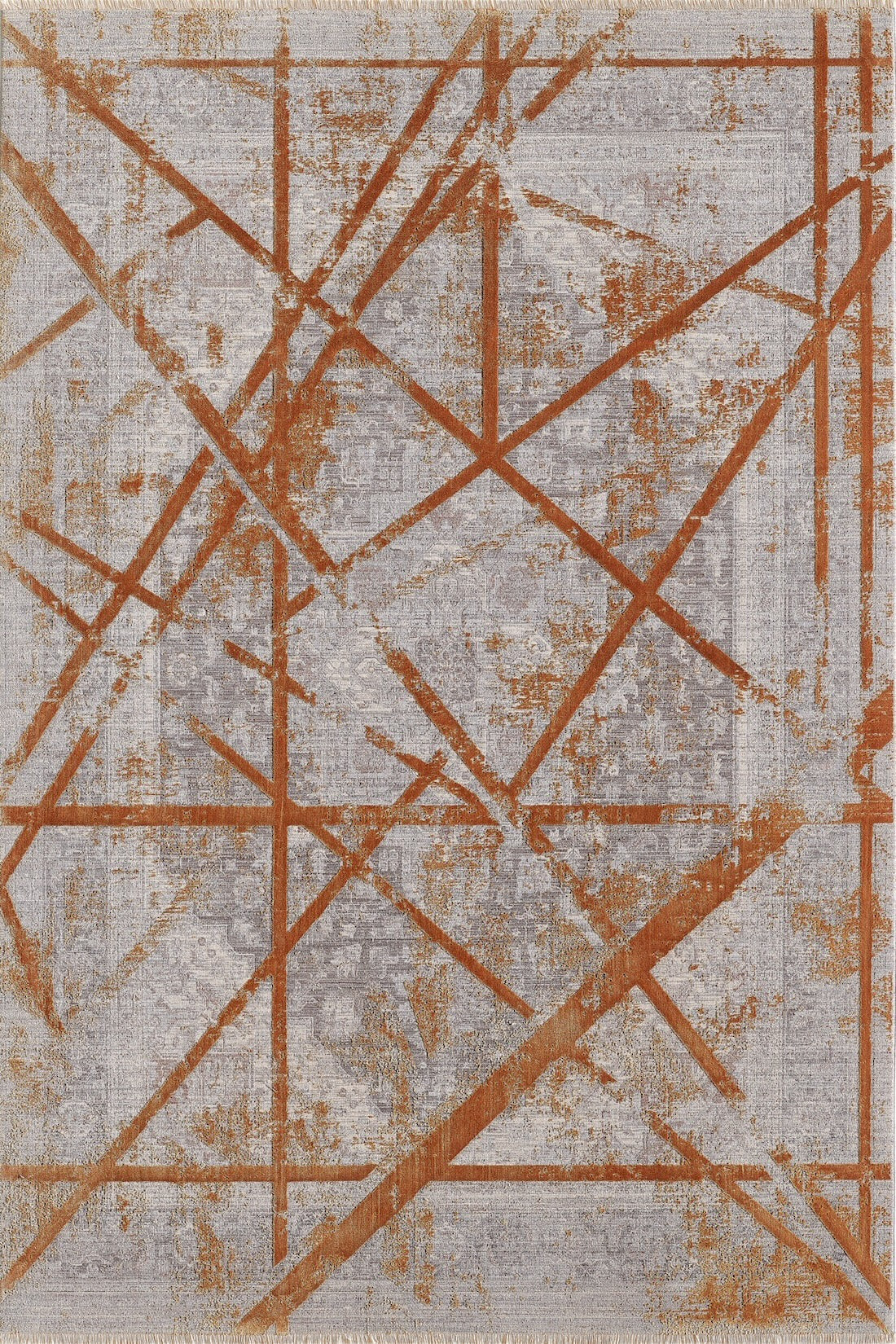The Dominant Lineage Modern Rug - Tangerine (HRD007) features intersecting rusty orange lines of varying thickness on a textured gray and white background, creating a bold industrial chic geometric pattern.