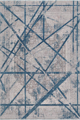 The Dominant Lineage Modern Rug - Teal - HRD010 is a machine-made rug with a beige and gray geometric background, featuring intricate patterns and bold intersecting teal lines for an abstract, modern look.