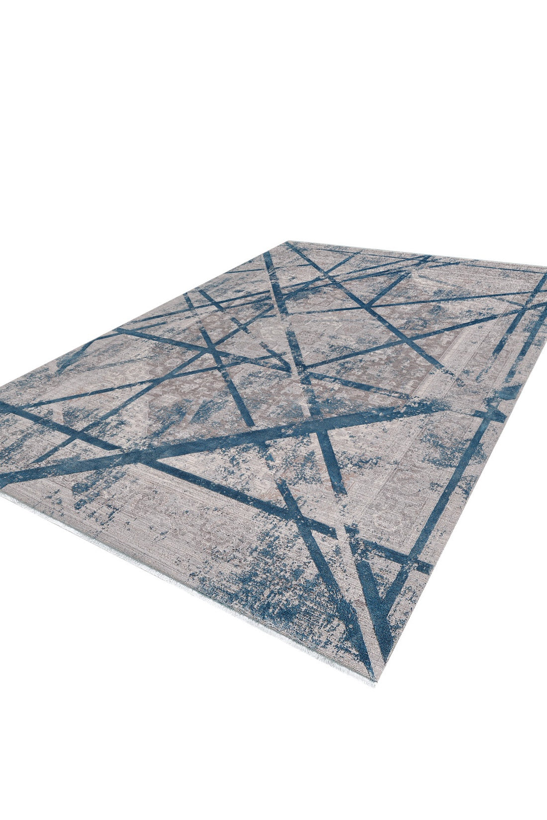 The Dominant Lineage Modern Rug - Teal (HRD010) features a machine-made distressed light gray base with intersecting dark blue linear geometric patterns, ideal for bringing an industrial chic vibe to any space.
