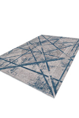 The Dominant Lineage Modern Rug - Teal (HRD010) features a machine-made distressed light gray base with intersecting dark blue linear geometric patterns, ideal for bringing an industrial chic vibe to any space.