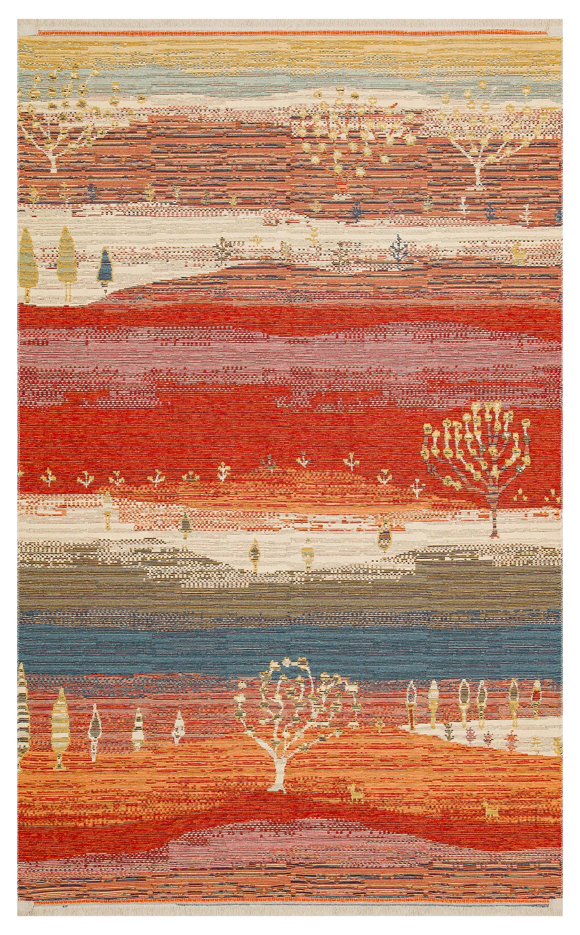 The Dust Trace - Kilim - NMD12 is a modern rug with abstract bands of red, orange, blue, and beige, adorned with small tree and animal motifs that evoke a landscape or horizon scene.