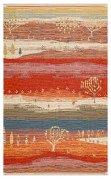 The Dust Trace - Kilim - NMD12 is a modern rug with abstract bands of red, orange, blue, and beige, adorned with small tree and animal motifs that evoke a landscape or horizon scene.