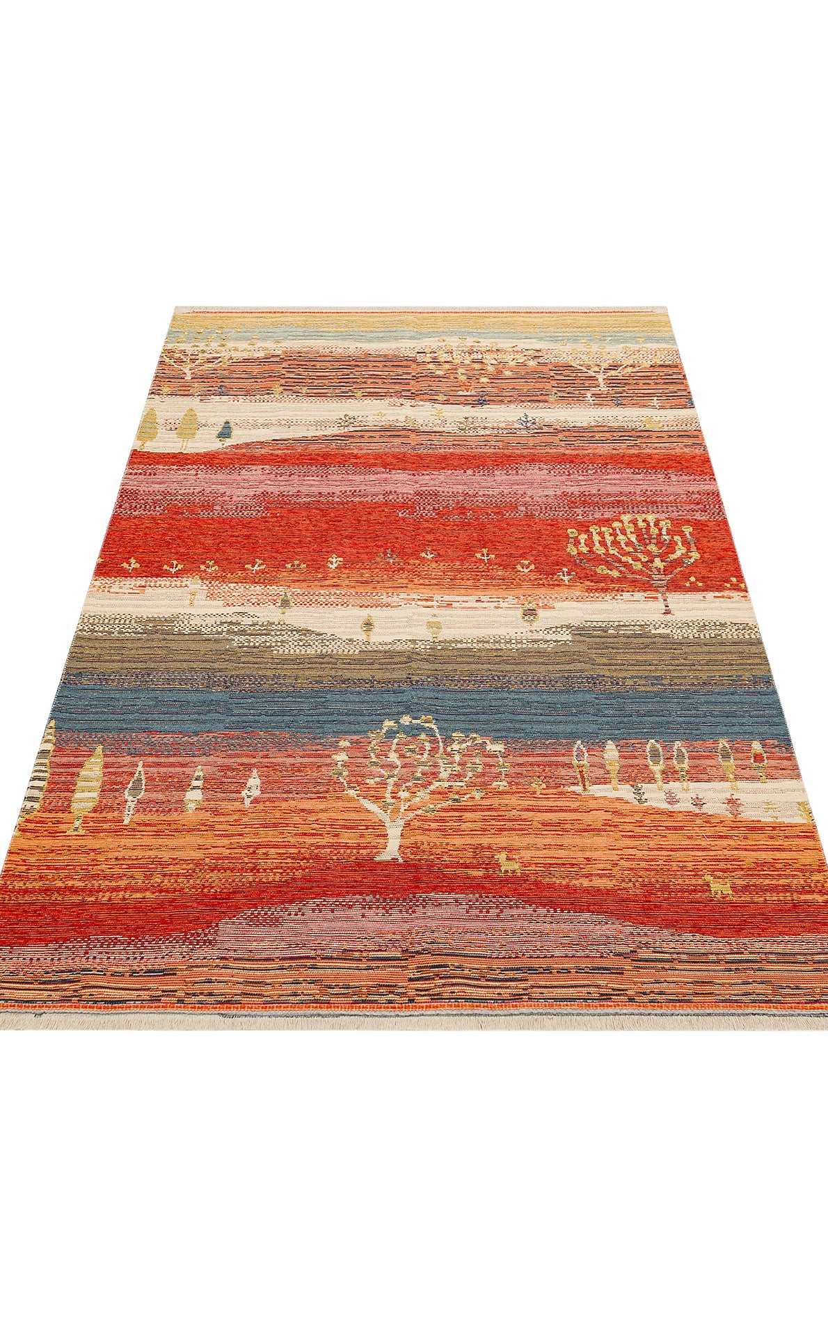 The Dust Trace - Kilim - NMD12 is a rectangular, modern kilim rug with horizontal stripes in warm reds, oranges, and yellows, accented by small tree and animal motifs throughout the pattern.