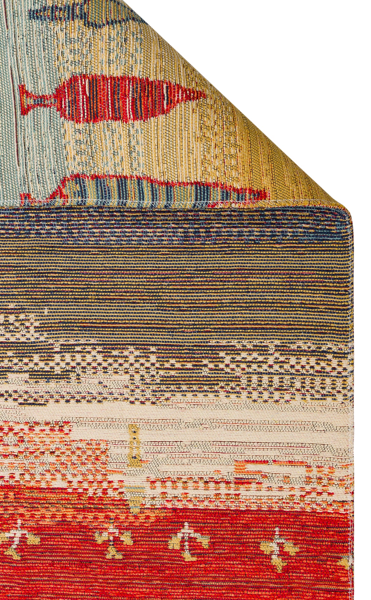 The Dust Trace - Kilim - NMD12 is a colorful modern rug with geometric patterns, fish, and abstract shapes in red, blue, yellow, and beige tones. One corner of the rug is neatly folded over.