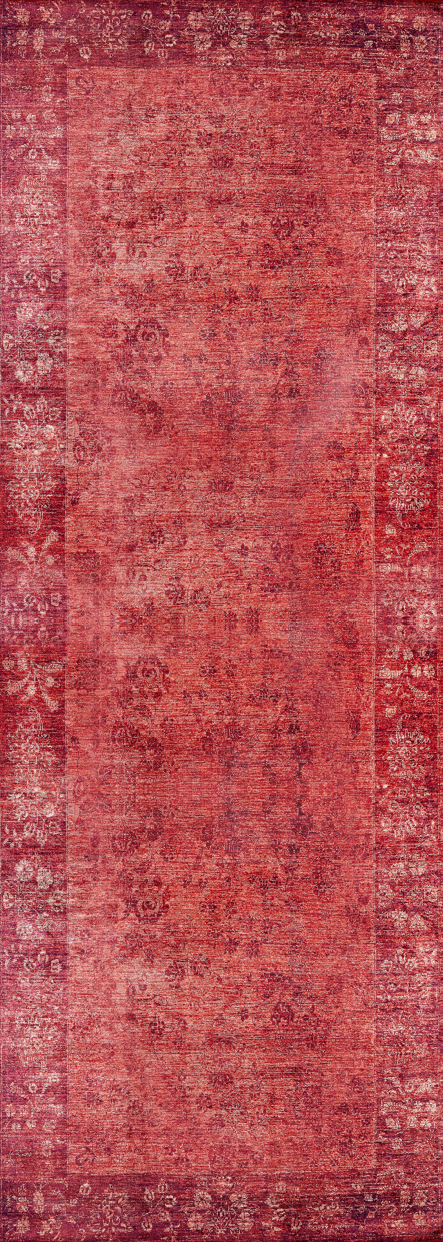 The Dynasty Dream - Washable Rug - JR160 is a rectangular, vintage-style red rug with a faded oriental pattern, darker red border, and distressed center. Its washable design combines stylish appeal with easy maintenance.