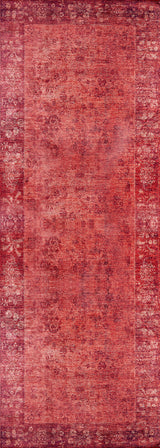 The Dynasty Dream - Washable Rug - JR160 is a rectangular, vintage-style red rug with a faded oriental pattern, darker red border, and distressed center. Its washable design combines stylish appeal with easy maintenance.