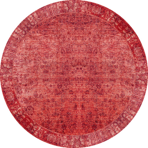 Load image 1 in gallery view. The Dynasty Dream - Washable Rug - JR160 is a round, red rug with an oriental pattern, intricate vintage-inspired designs, and a decorative border along the outer edge for added charm.