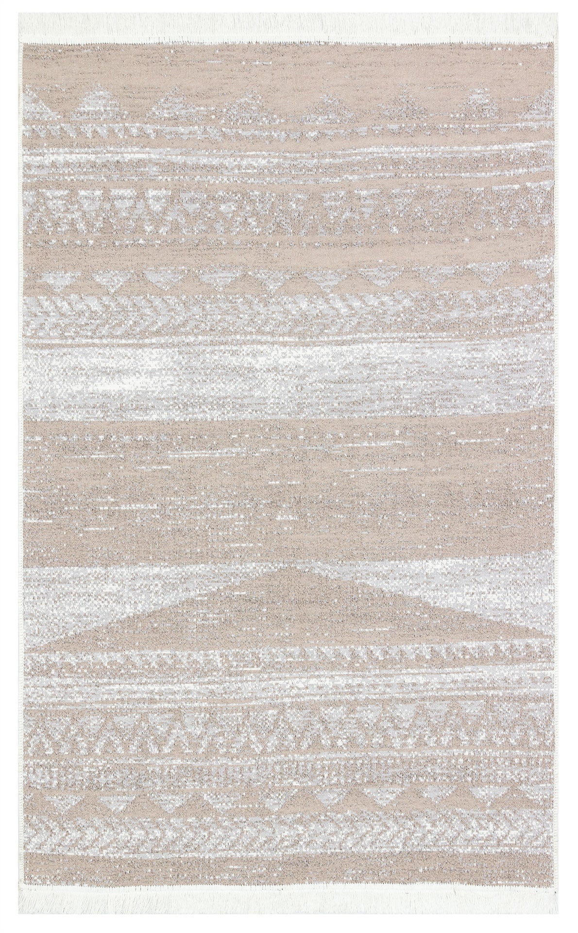 The Earth Lines - Washable Reversible Kilims - AR06 is a rectangular beige and white area rug with a washable, textured woven appearance, featuring subtle geometric and tribal-inspired patterns with horizontal lines and diamond shapes.