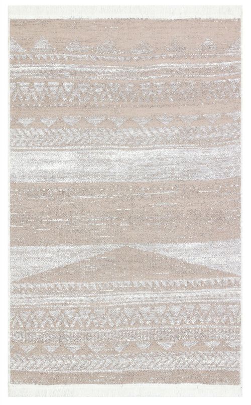 Load image 1 in gallery view. The Earth Lines - Washable Reversible Kilims - AR06 is a rectangular beige and white area rug with a washable, textured woven appearance, featuring subtle geometric and tribal-inspired patterns with horizontal lines and diamond shapes.